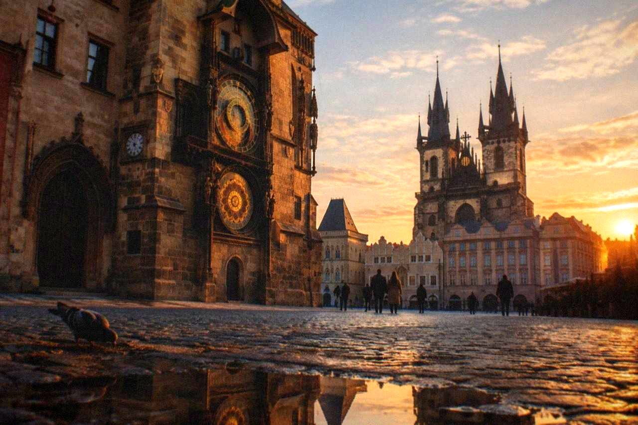 Old Town Square in Prague with the Astronomical Clock tower rising above the rooftops at golden hour