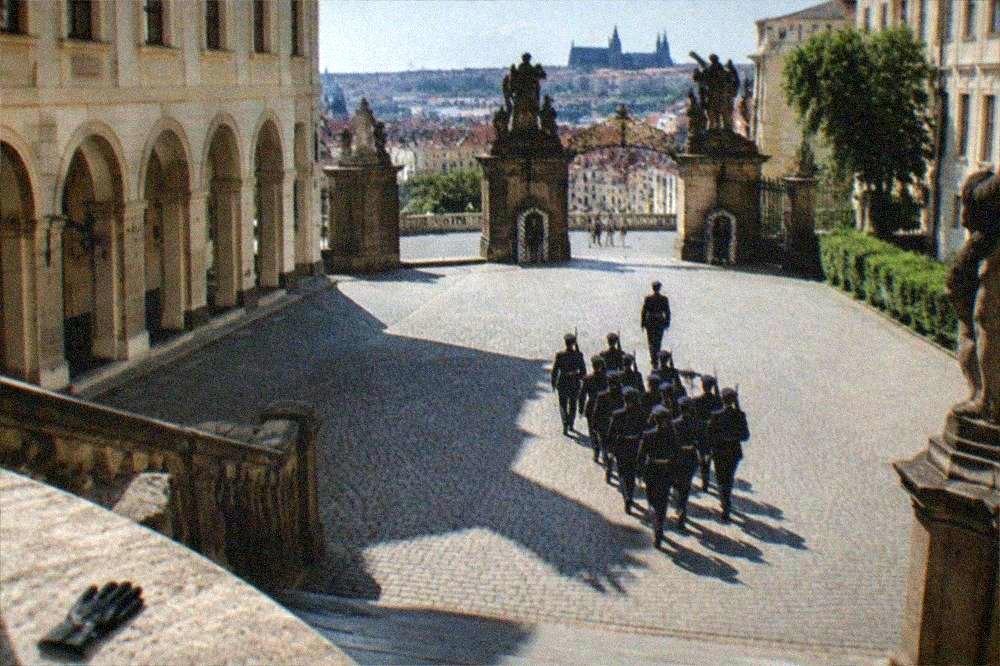 Castle guards in formation in a baroque castle courtyard