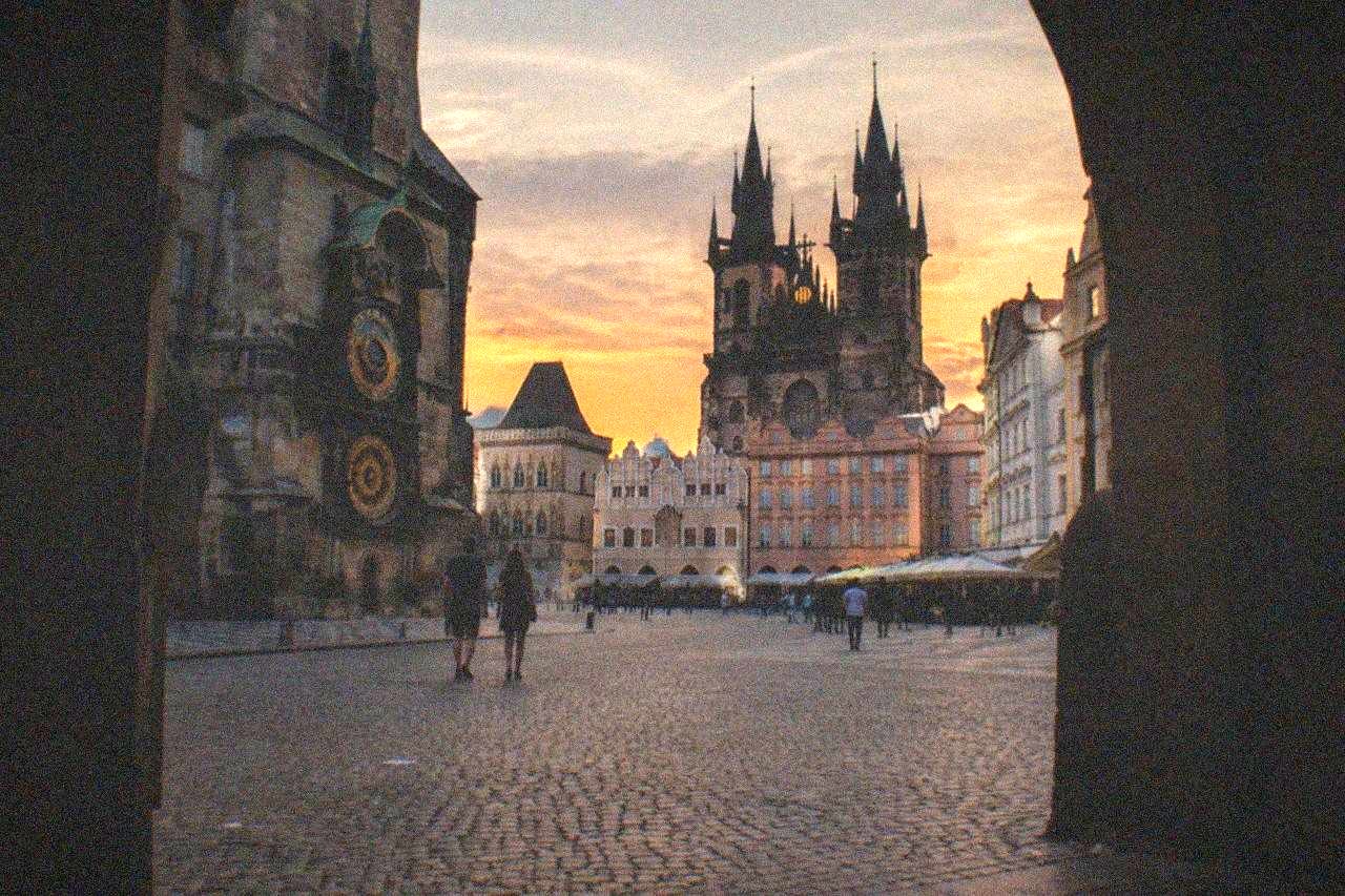Old Town Square with the Astronomical Clock tower and Tyn Church facades