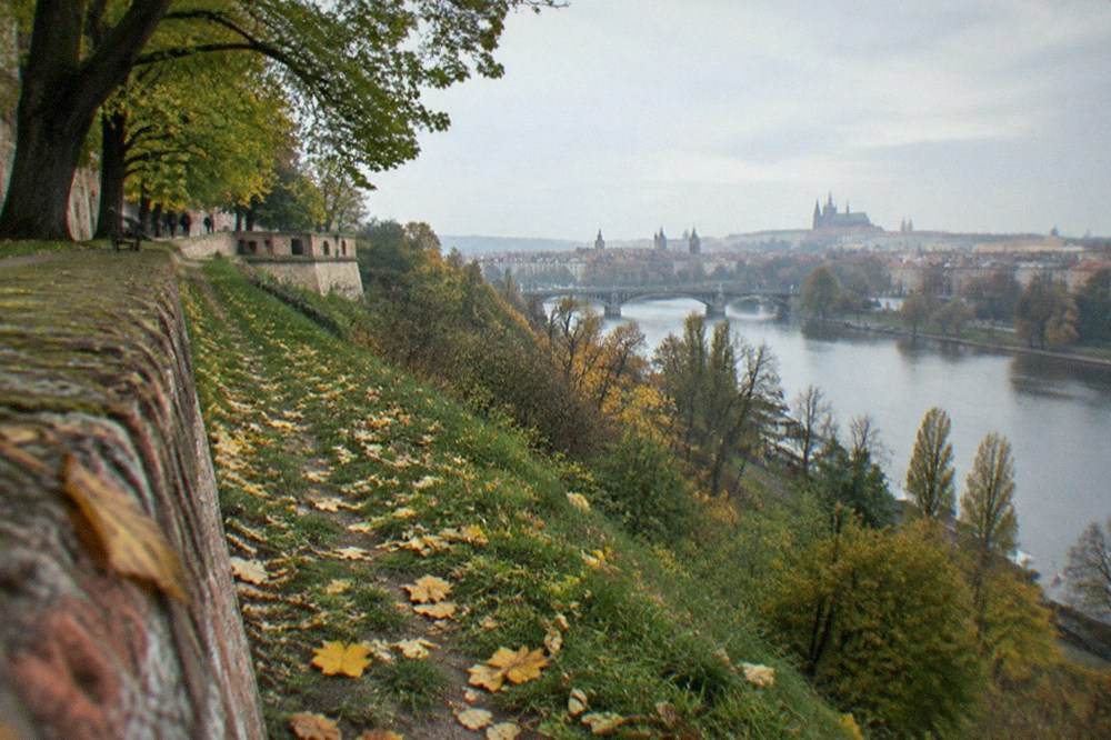 Low stone rampart wall above a wooded riverbank with the city skyline beyond