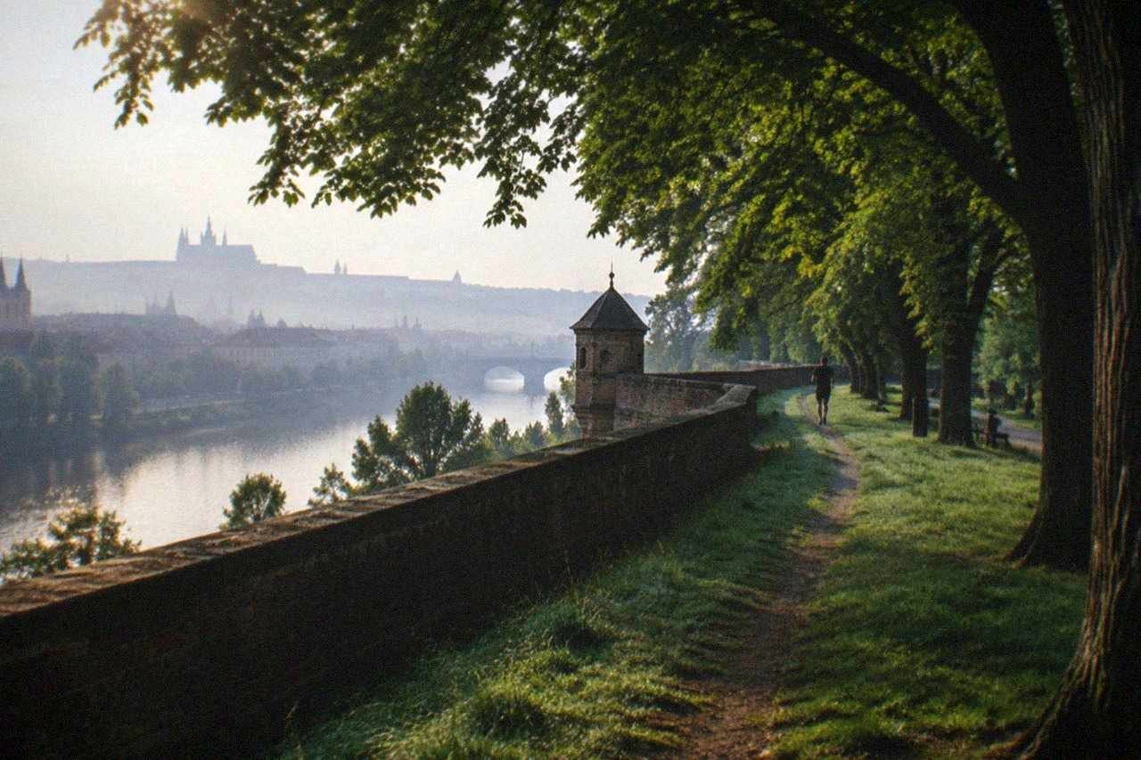 Quiet tree-lined rampart path above the Vltava river with parkland and distant spires