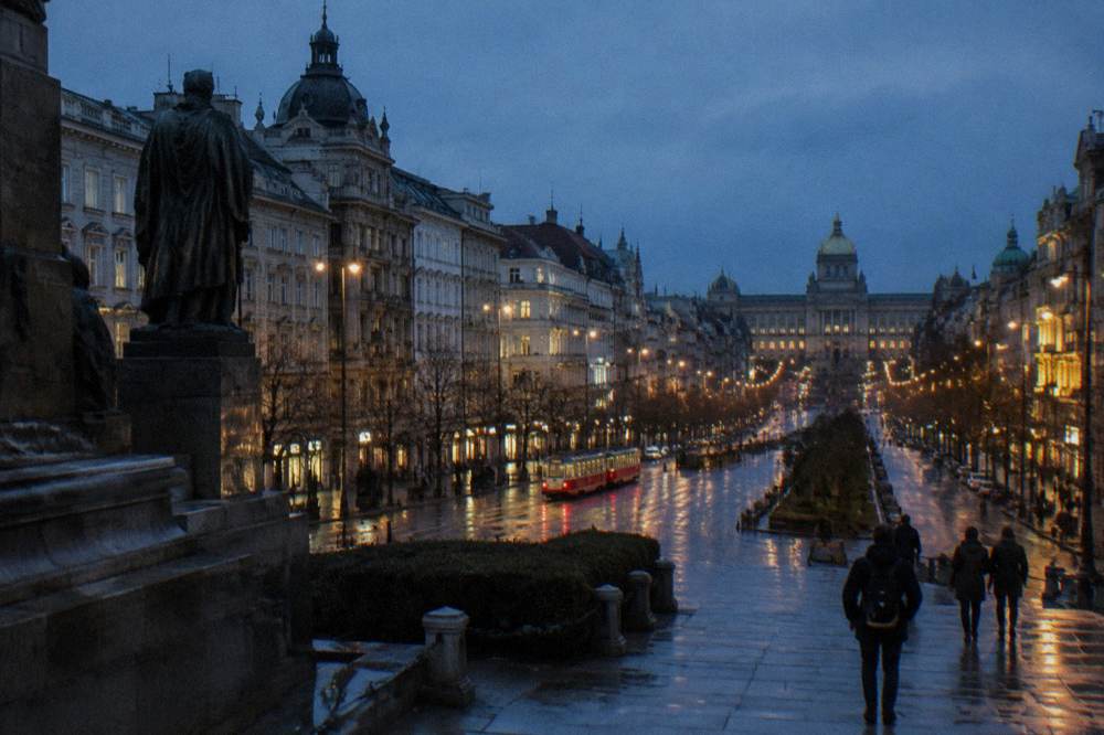 Plaza de Wenceslao flanqueada por edificios históricos y el Museo Nacional al fondo
