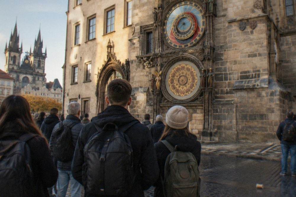 Un grupo en un tour escuchando a un guía junto al Reloj Astronómico en la Plaza de la Ciudad Vieja de Praga