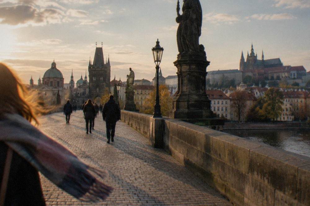 Statues lining the walkway of Charles Bridge with the bridge towers in the distance
