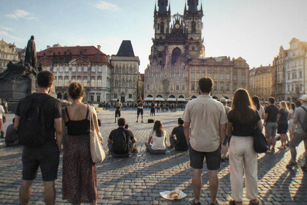 Crowd gathered in an old European square watching a street performance beside coloured facades