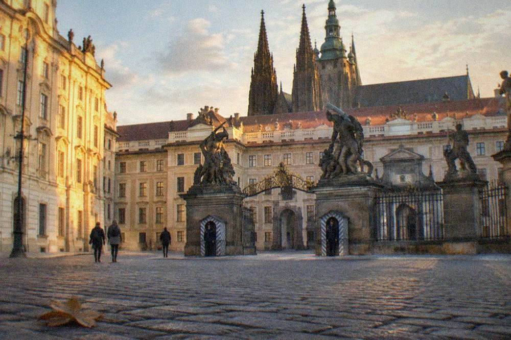 Prague Castle courtyards and St Vitus Cathedral spires seen from the free castle grounds