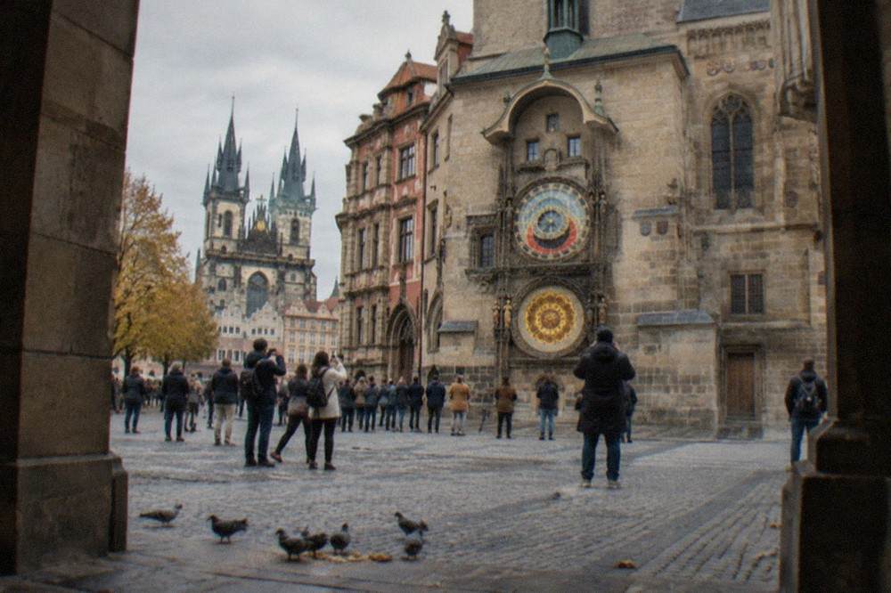 Tourists gathered on Old Town Square looking up at the astronomical clock on the Old Town Hall