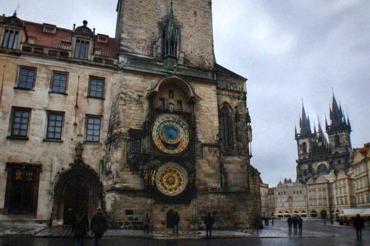 The medieval astronomical clock face on the southern wall of the Old Town Hall in Prague