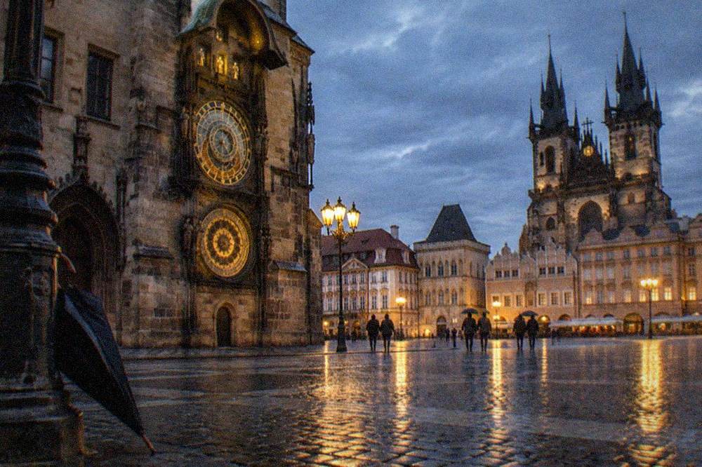 Old Town Square in Prague with the Astronomical Clock tower and historic facades