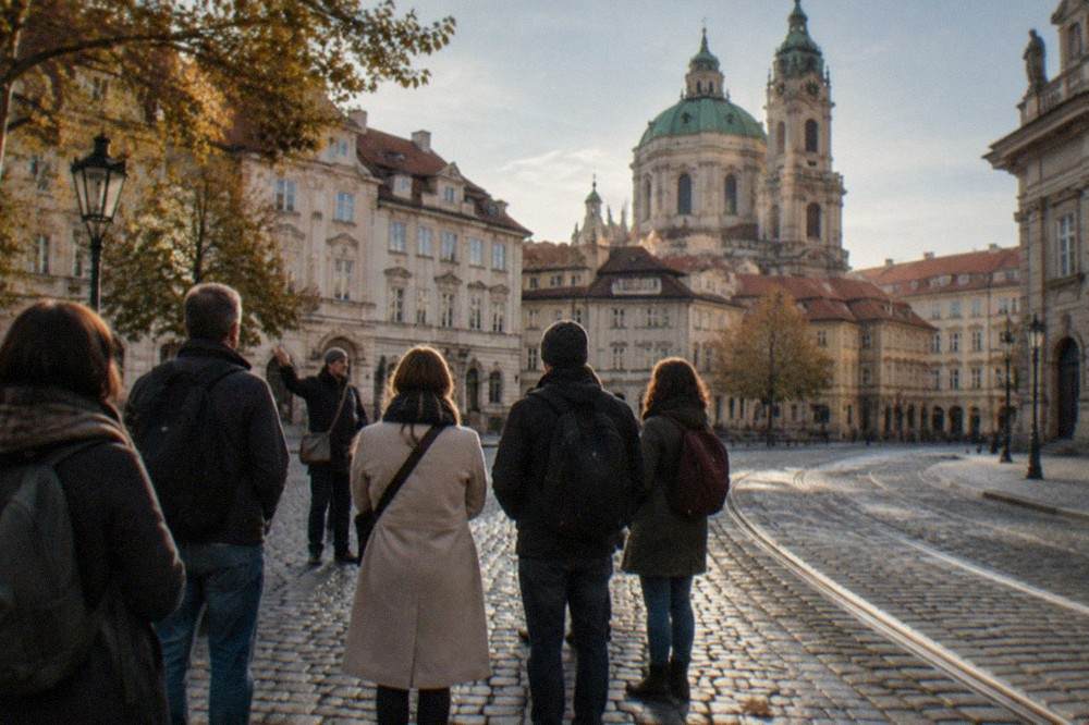 A walking tour guide speaking to a small group gathered on a cobbled Prague square