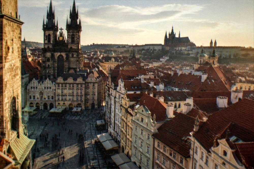View from the Old Town Hall tower gallery across the rooftops of Prague Old Town