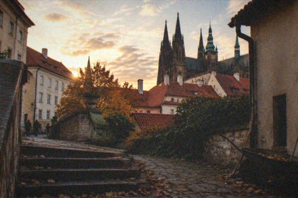 The courtyards of Prague Castle with the spires of St Vitus Cathedral above the rooftops