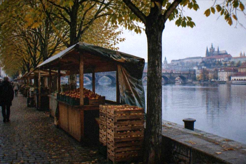 The Vltava embankment in autumn with market stalls along the riverbank promenade