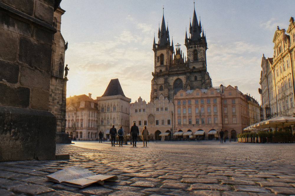 A local guide speaking to a group of visitors on Old Town Square with the Tyn Church facade behind them