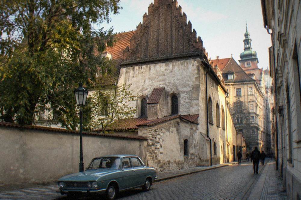 Exterior of a historic synagogue in the Prague Jewish Quarter