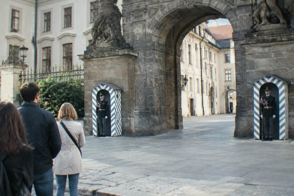 Castle Guard soldiers on duty at the first courtyard of Prague Castle