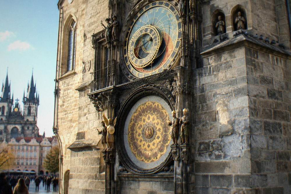 The Astronomical Clock face on the Old Town Hall tower seen from the square below