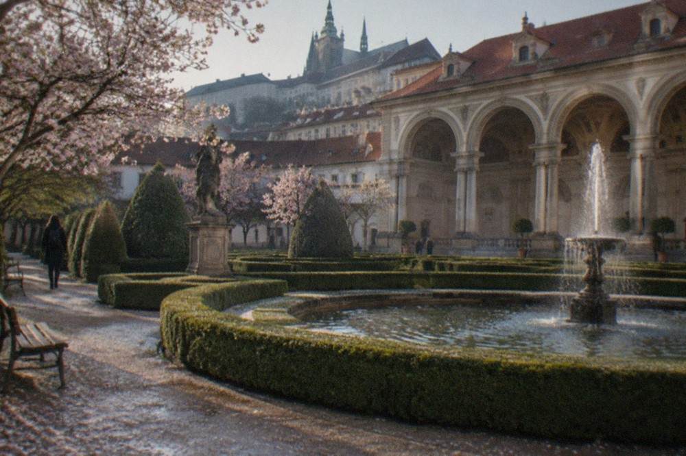 Jardín amurallado con setos recortados y una fuente en el centro de Praga