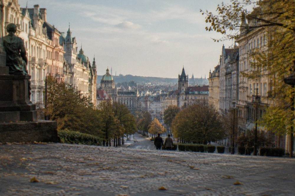 The upper end of Wenceslas Square with the museum building closing the view and the boulevard stretching downhill