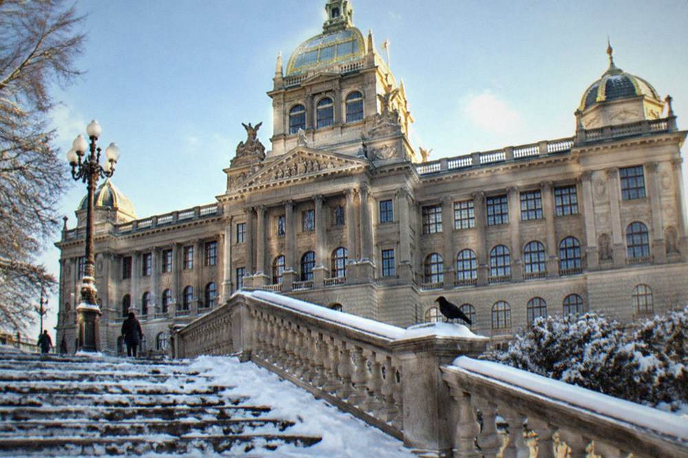 The front of the National Museum historic building at the head of Wenceslas Square seen from the boulevard