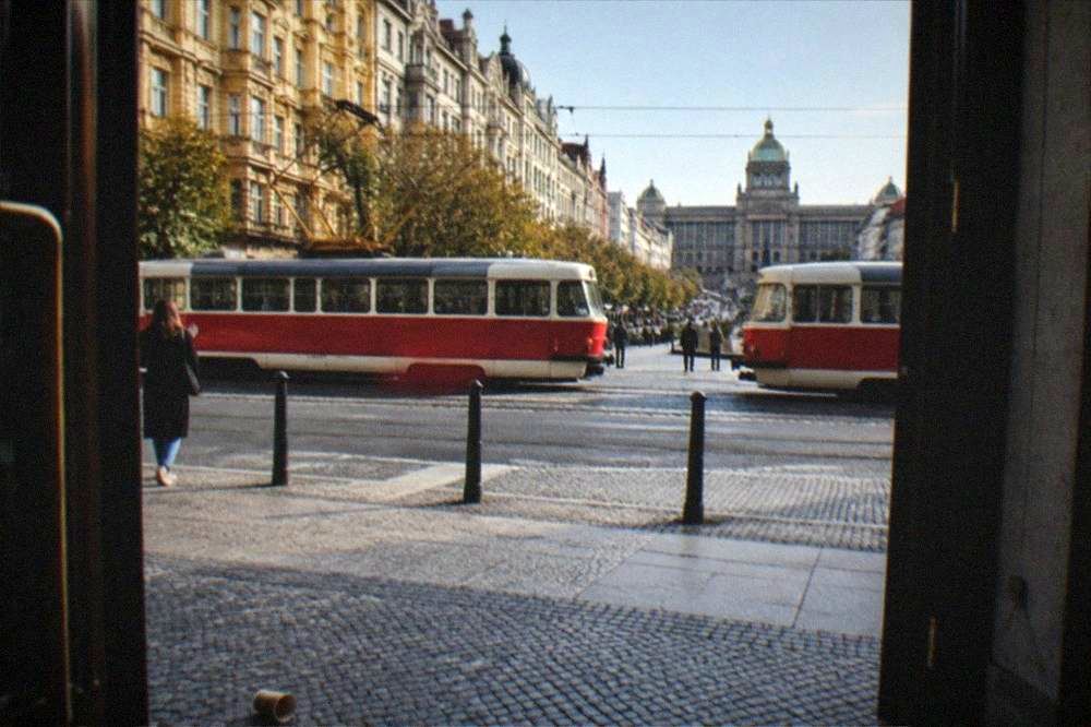 A public square and tram line in the New Town with period building facades along the street