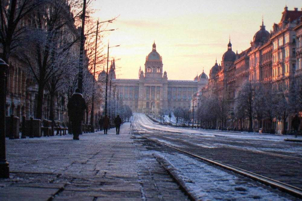 The wide boulevard of Wenceslas Square seen from the lower end looking uphill toward the museum