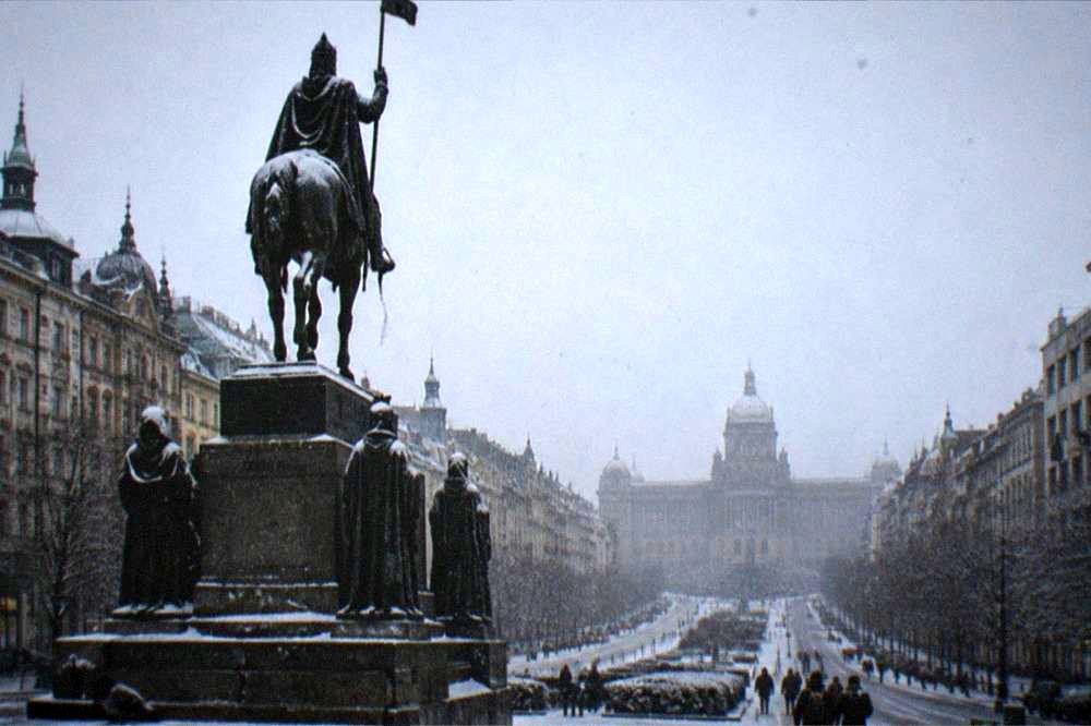 The equestrian statue of St Wenceslas on its plinth in the upper part of the square with the boulevard behind